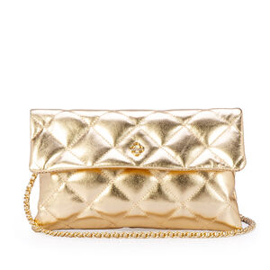 BOLSA MÉDIA DOURADA COURO MATELASSÊ VIRA CLUTCH