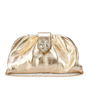 BOLSA CLUTCH DOURADA METALIZADA DE COURO ALÇA CORRENTE