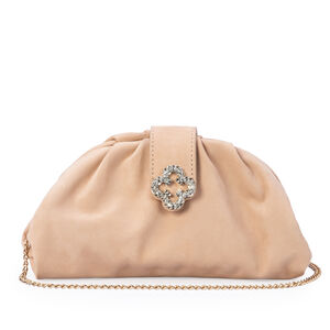 BOLSA CLUTCH NUDE SEDA DE COURO NOBUCK ALÇA CORRENTE