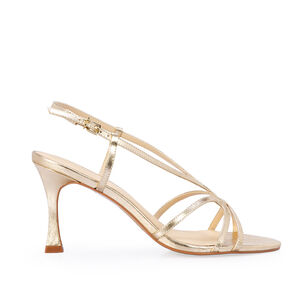 SANDÁLIA SALTO ALTO DOURADA METALIZADA DE COURO