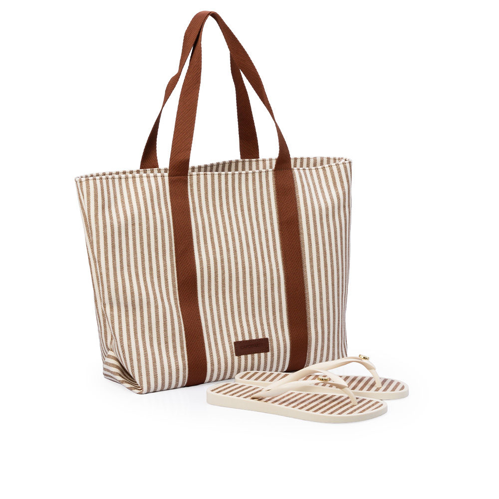 KIT CHINELO DE DEDO CARAMELO + BOLSA LISTRADA image number 0