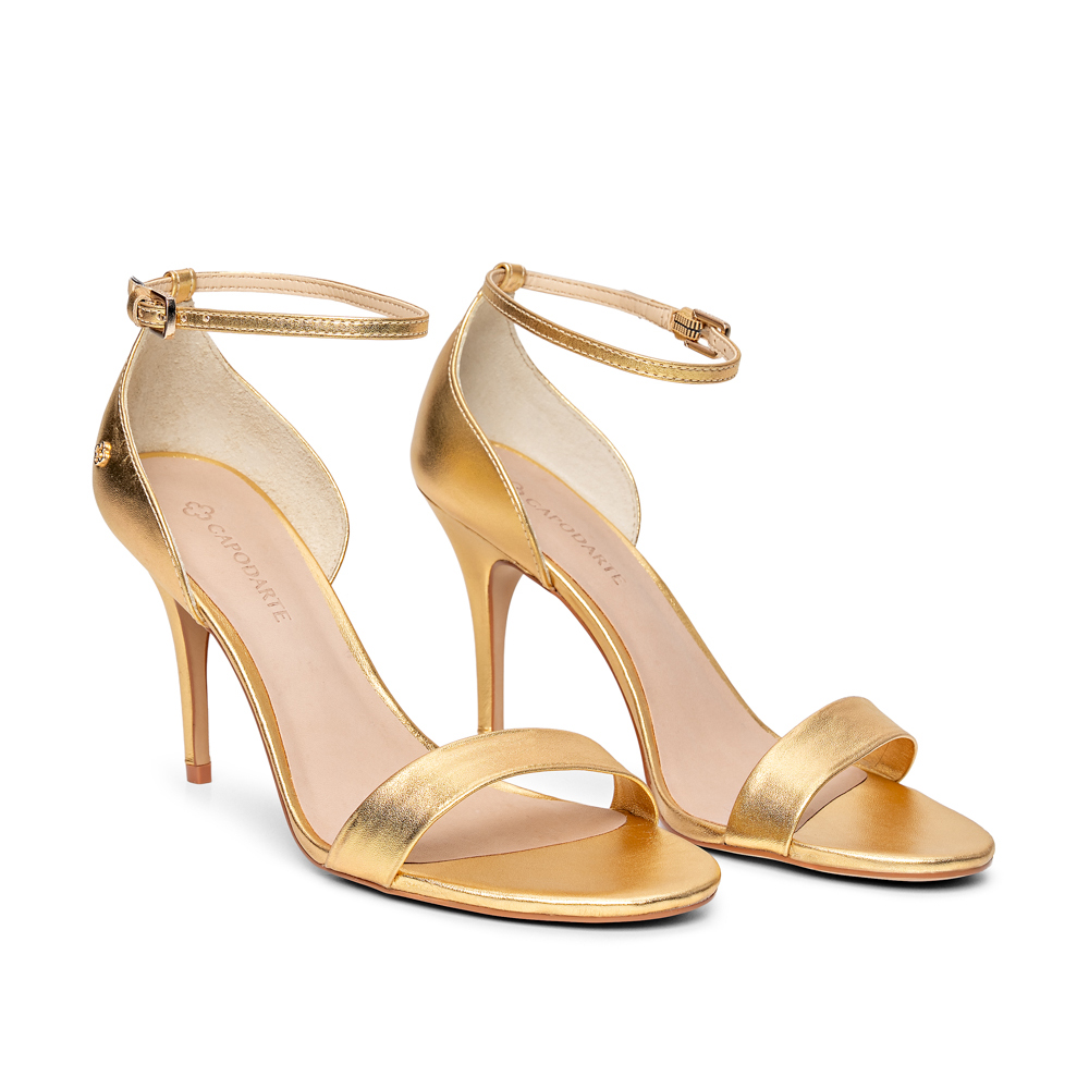 SANDÁLIA SALTO ALTO DE COURO DOURADA METALIZADA image number 1