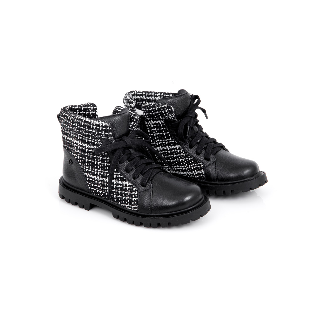 BOTA INFANTIL PRETA E BRANCA COURO TWEED image number 1